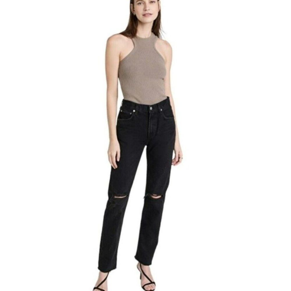 Anine Bing jeans Womens 26x26 crop Black Skinny Raw Hem ripped knees mid rise